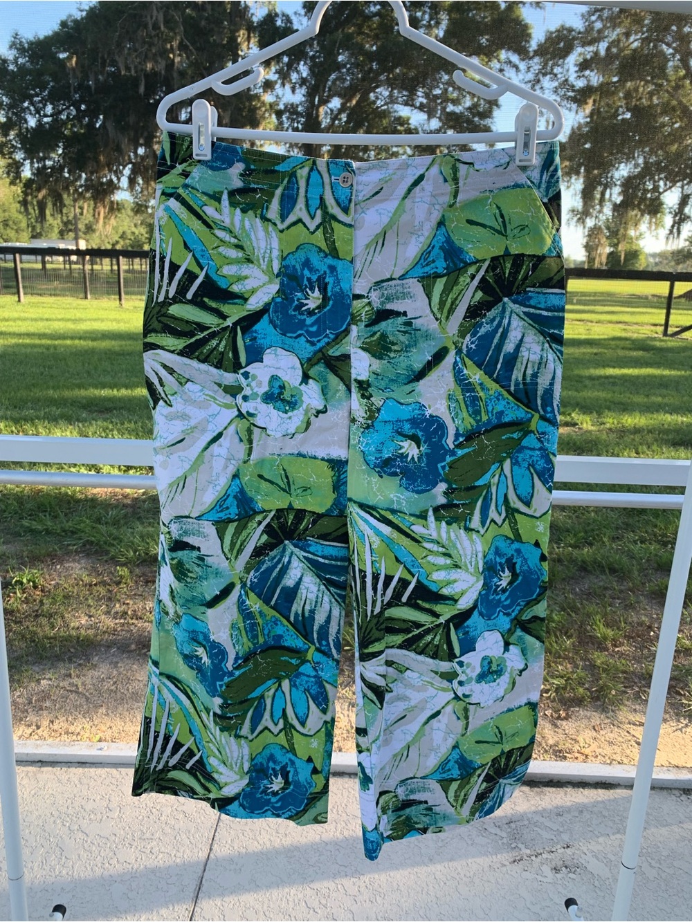 Chico's Blue and Green Tropical Leaf Print Capris